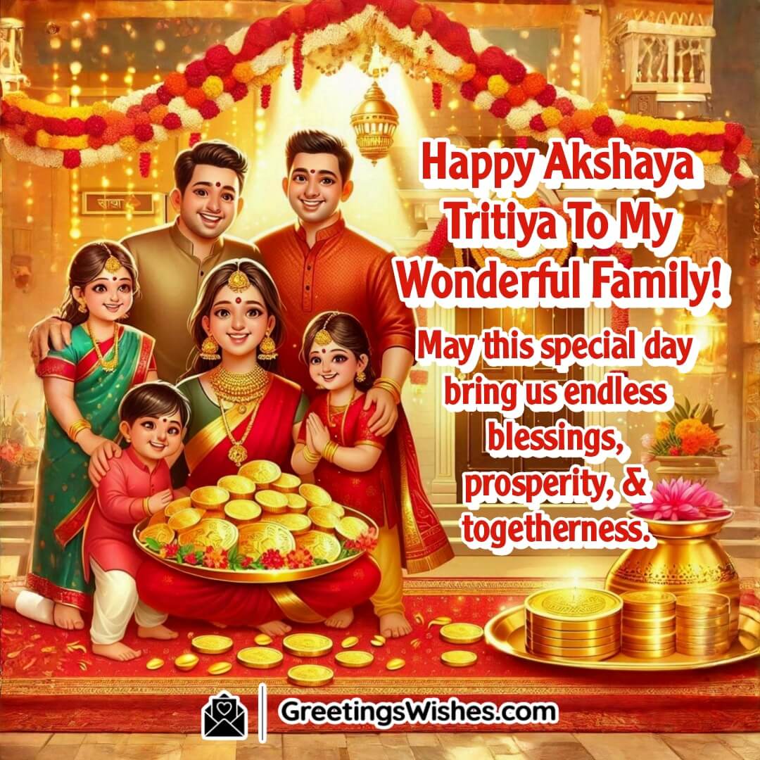 Akshaya Tritiya image featuring a happy Indian family celebrating, symbolizing unity and blessings.